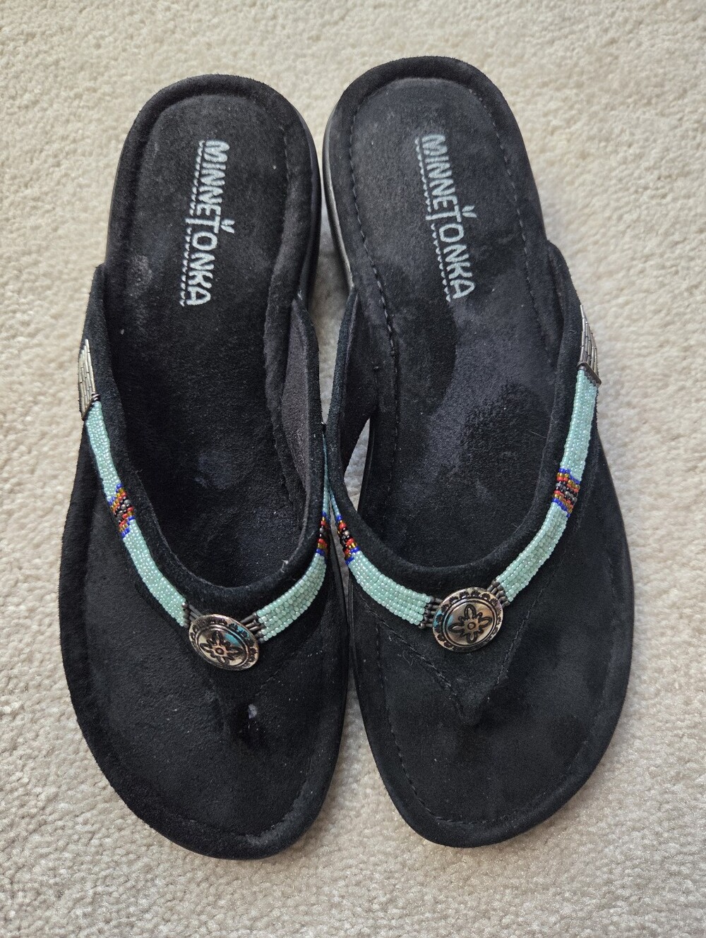 Minnetonka Black Flip Flop Sandals With Turquiose Beading Size 7